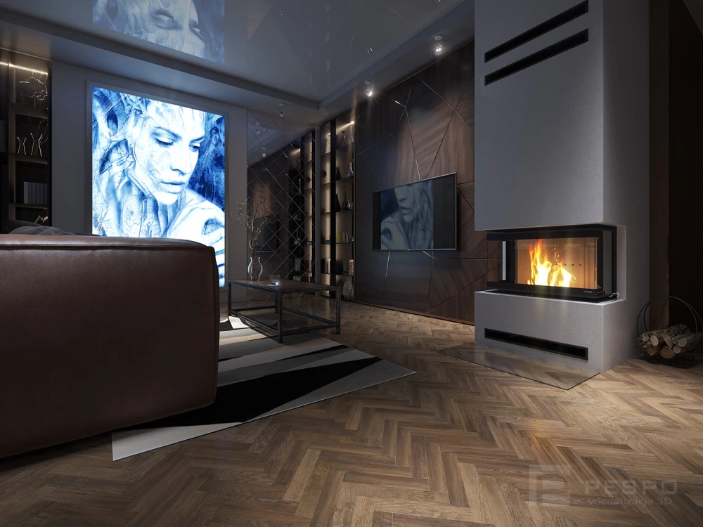 Wizualizacja wnętrza znowoczesnym kominkiem | Pesponet