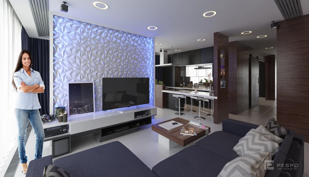 Wizualizacja wnętrza nowoczesnego mieszkania z modelką.