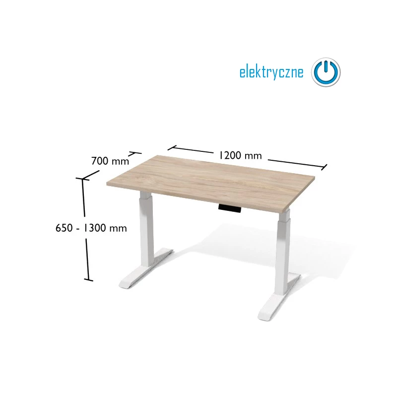 Rysunek biurka wraz z wymiarami. Biurko na elektrycznnie regulowanym stelażu metalowym.