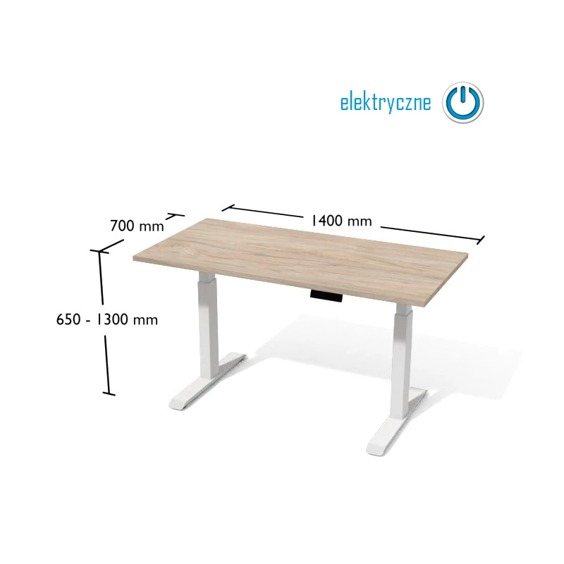 Rysunek biurka wraz z wymiarami. Biurko na elektrycznnie regulowanym stelażu metalowym.
