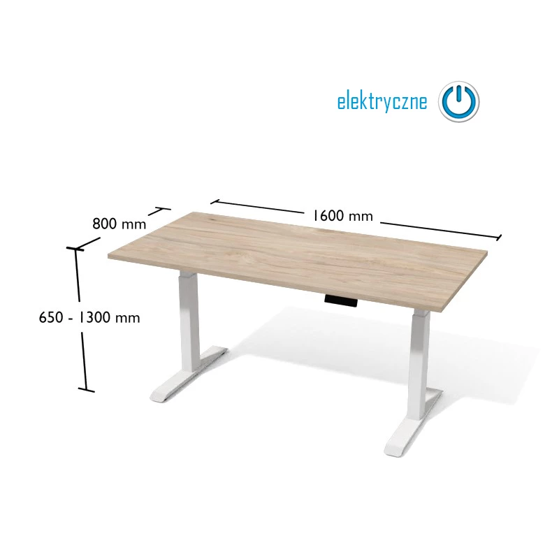 Rysunek biurka wraz z wymiarami. Biurko na elektrycznnie regulowanym stelażu metalowym.