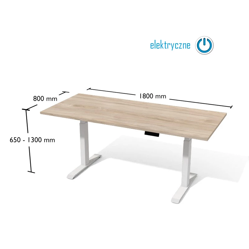 Rysunek biurka wraz z wymiarami. Biurko na elektrycznnie regulowanym stelażu metalowym.