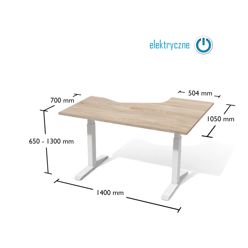 Rysunek biurka wraz z wymiarami. Biurko na elektrycznnie regulowanym stelażu metalowym.