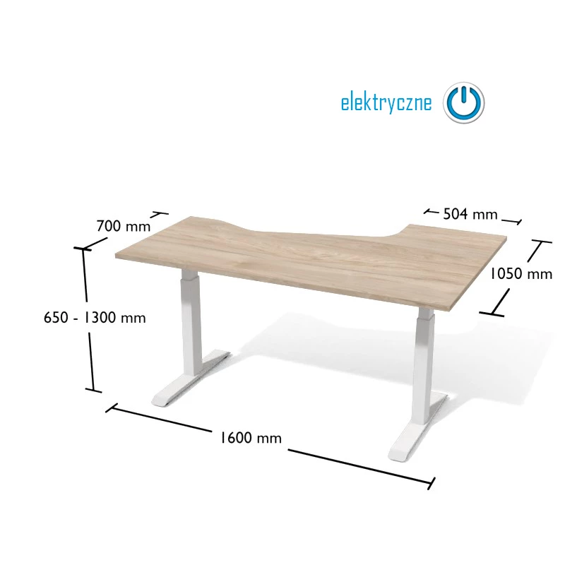 Rysunek biurka wraz z wymiarami. Biurko na elektrycznnie regulowanym stelażu metalowym.