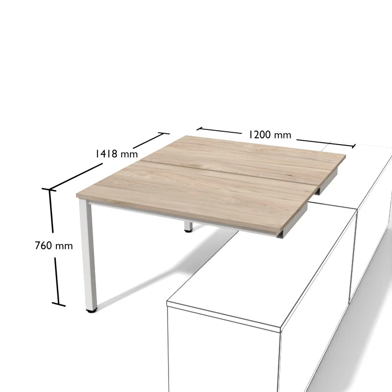 Biurko dwuosobowe na stelażu metalowym do stosowania z szafkami podporowymi. Długość biurka 120cm.