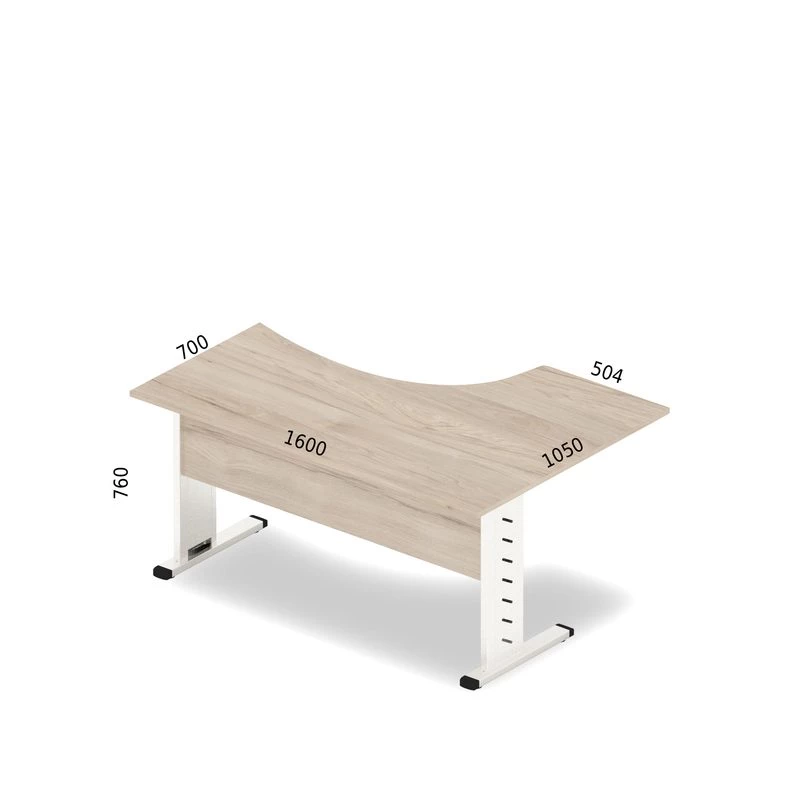 Rysunek biurka wraz z wymiarami. Biurko narożne na stelażu metalowym.