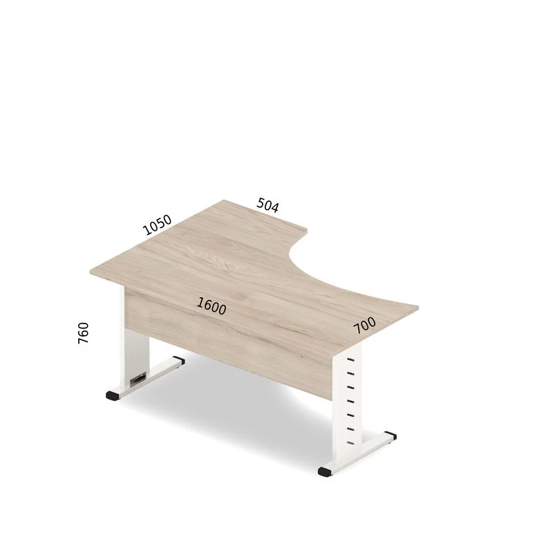 Rysunek biurka wraz z wymiarami. Biurko narożne na stelażu metalowym.