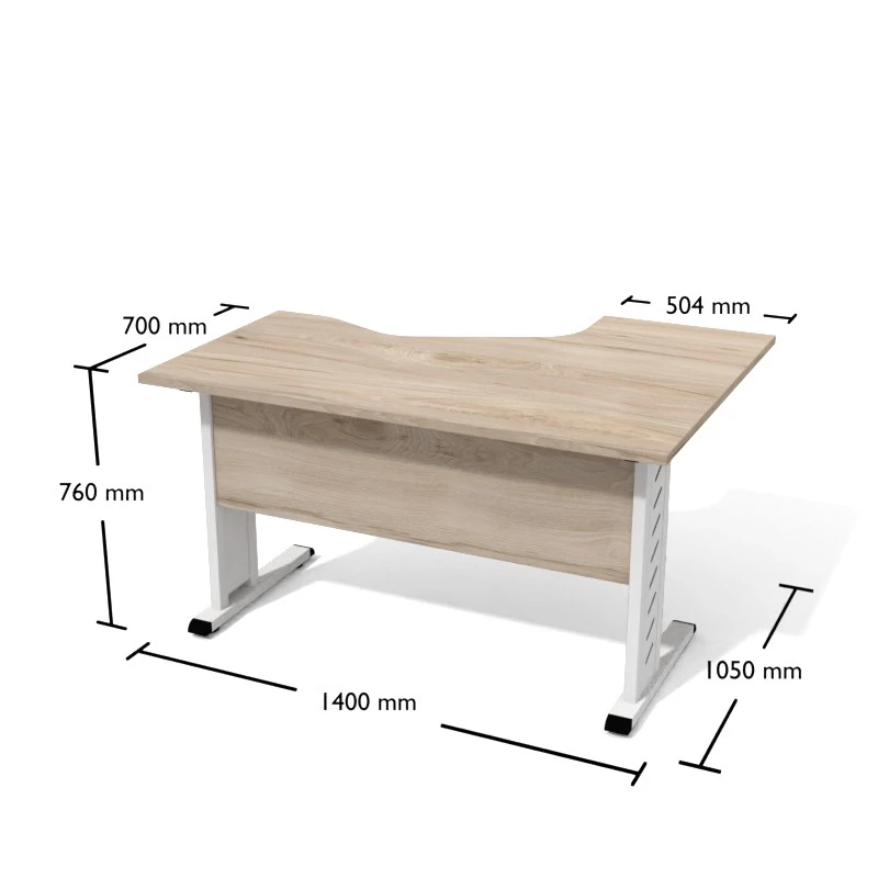  Rysunek biurka wraz z wymiarami. Biurko narożne na stelażu metalowym.