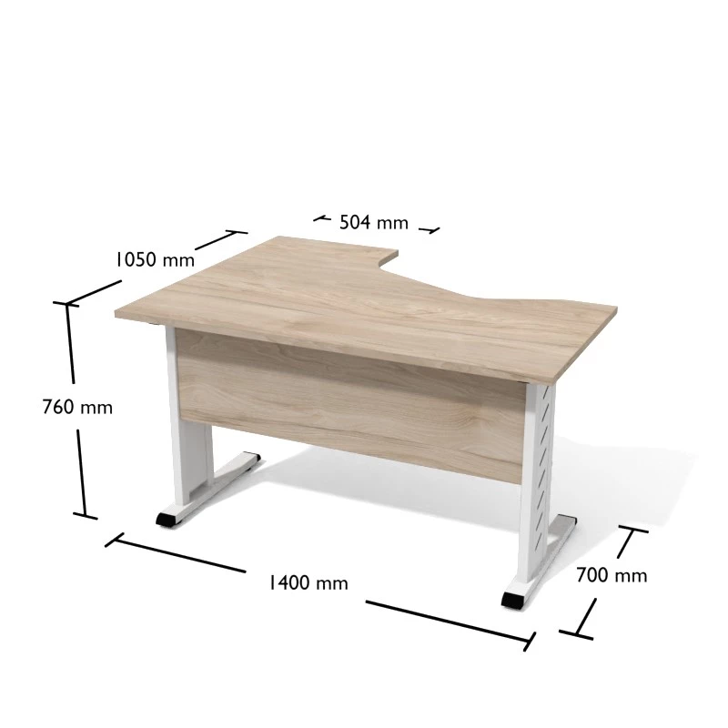 Rysunek biurka wraz z wymiarami. Biurko narożne na stelażu metalowym.