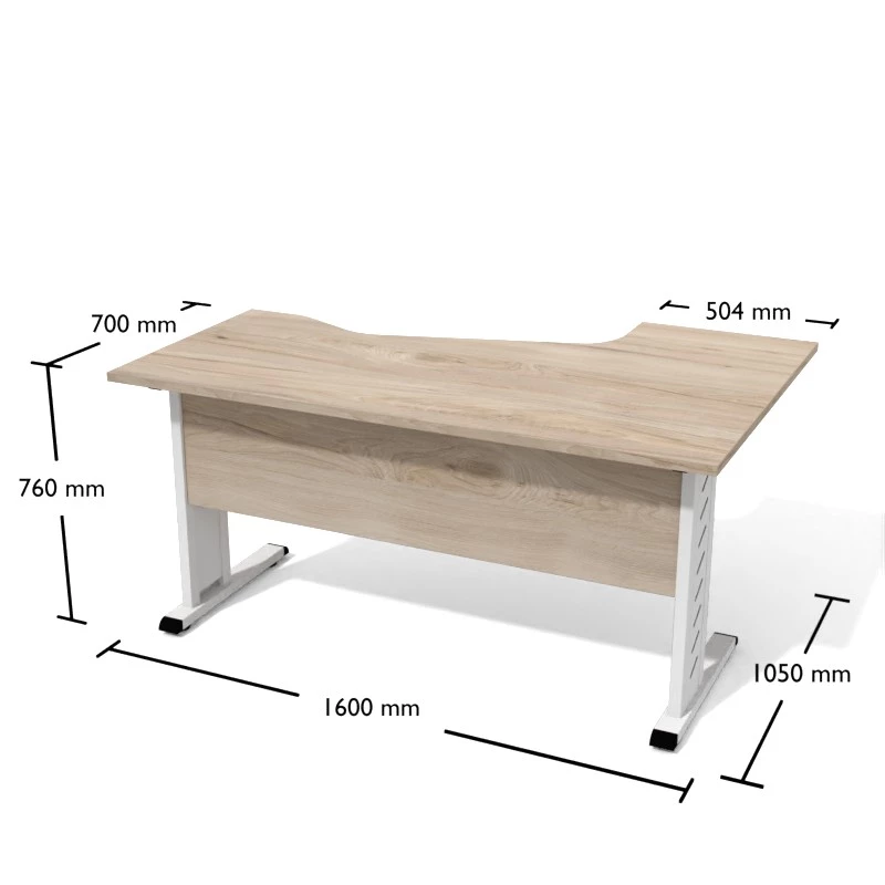 Rysunek biurka wraz z wymiarami. Biurko narożne na stelażu metalowym.