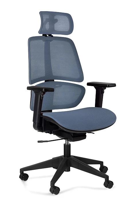 Nowoczesny fotel obrotowy z zagłówkiem. Kolor niebieski.